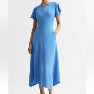 REISS Eleni Cap Sleeve Midi Dress Womens Size 4 Blue Backless NEW